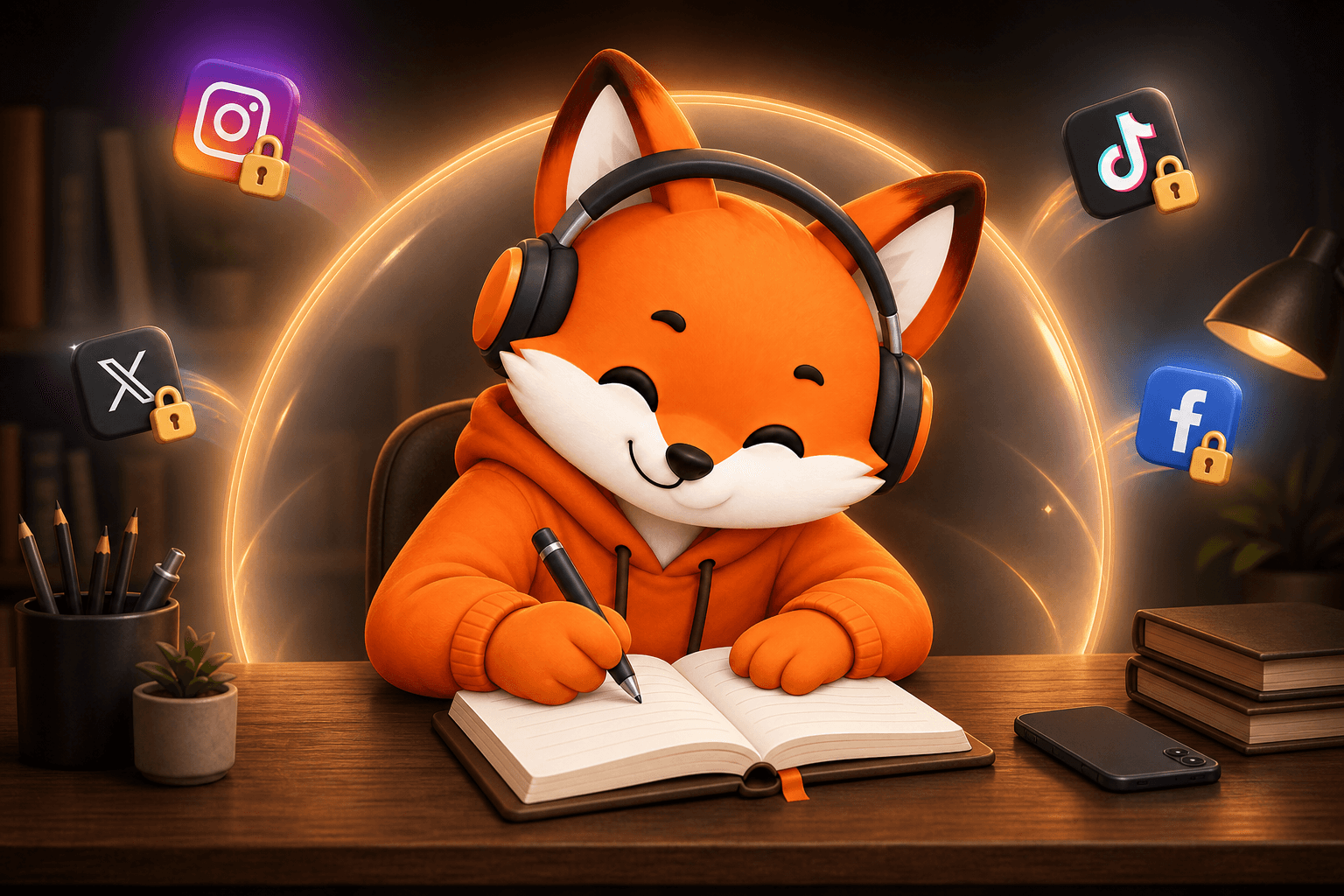 Finn studying inside a focus shield while distracting social apps stay locked outside