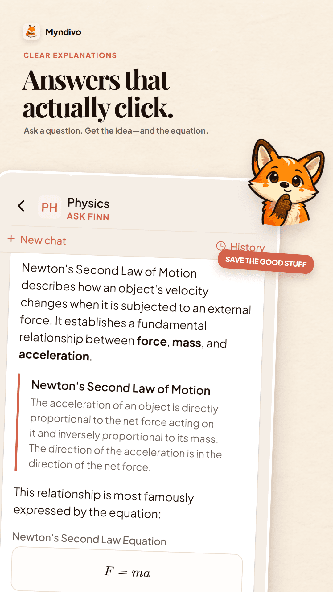 Ask Finn explaining Newton's second law inside a real Myndivo course