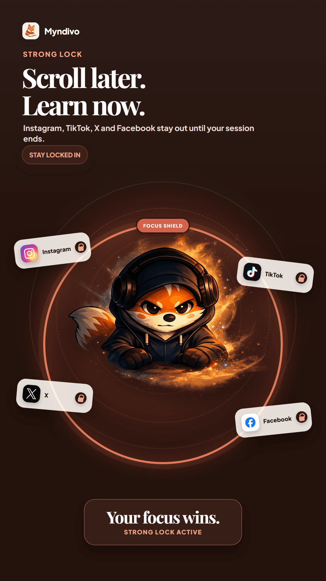 Myndivo Strong Lock protecting a study session from Instagram, TikTok, X, and Facebook