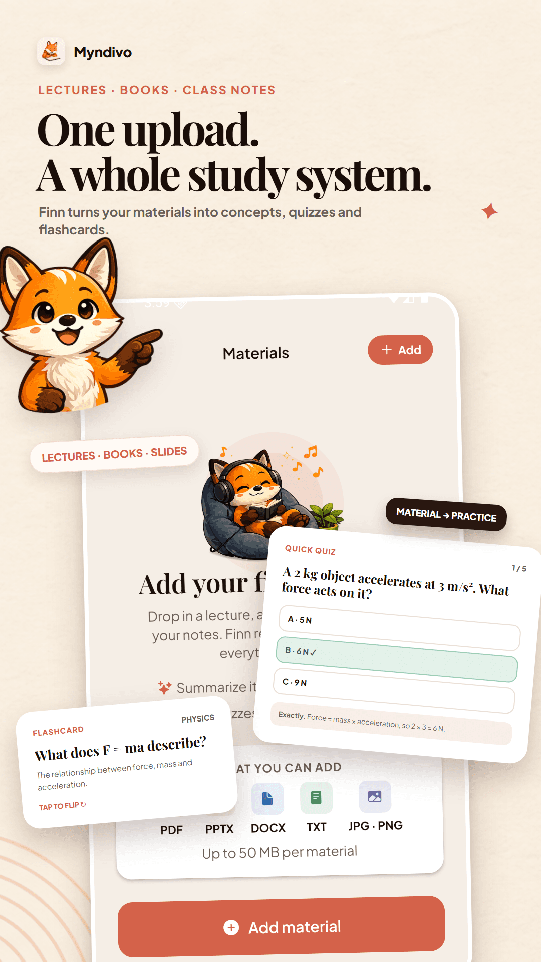 Myndivo materials page turning uploaded study content into a quiz and flashcard