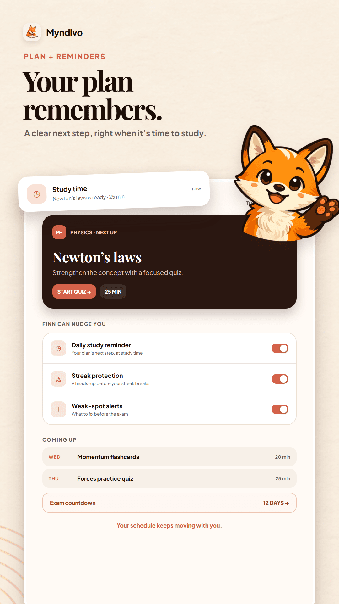 Myndivo study plan with daily reminders, weak spot alerts, and an upcoming quiz
